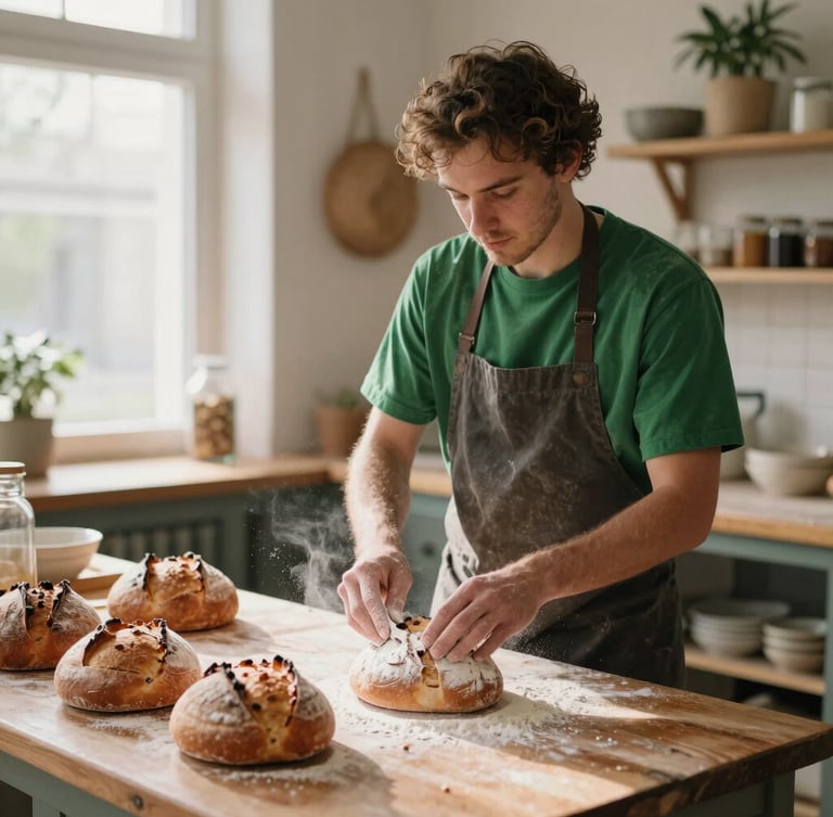 A rustic baker dusting flour over fresh sourdough loaves in a cozy Scandinavian-style bakery kitchen, soft natural morning light