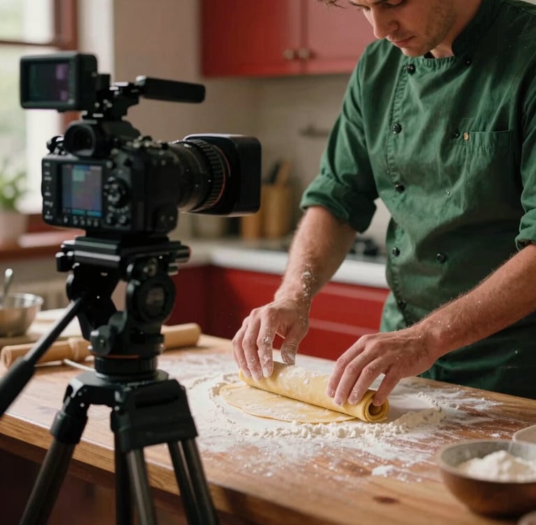 Behind-the-scenes shot of a professional camera on a tripod, capturing a chef's hands dusting flour over freshly rolled pasta dough in a warm, sunlit kitchen, rich crimson and forest green tones, shallow depth of field, 35mm film look