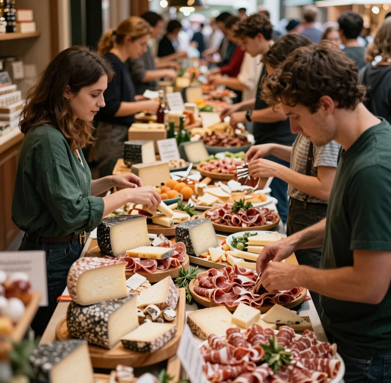 High-angle shot of a lively, crowded modern food market with shoppers browsing beautifully arranged cheese and charcuterie boards, warm ambient lighting