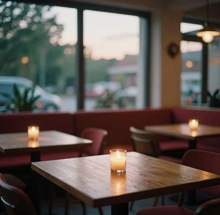 Cozy Scandinavian-style restaurant interior at dusk, warm ambient light glowing from candles on wooden tables, soft directional daylight fading outside, 35mm film look.