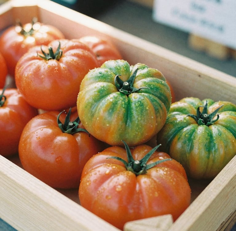 Close-up of vibrant organic heirloom tomatoes stacked in a wooden crate at a sunlit boutique market stall, shallow depth of field, 35mm film look