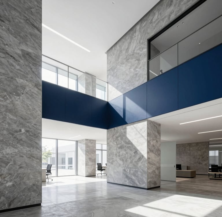 Wide architectural angle of a modern, clean corporate office interior with sharp slate and navy geometric structures, bright natural daylight.