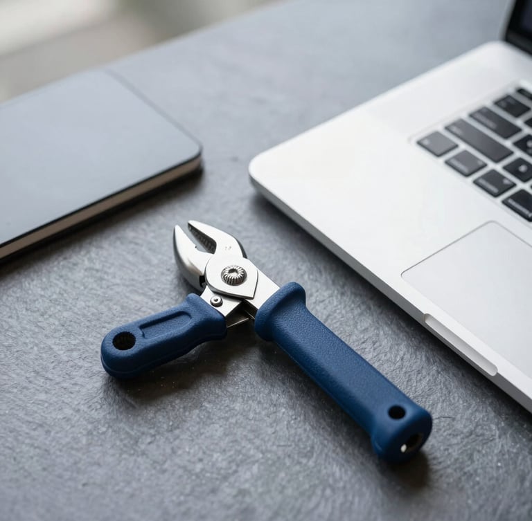 Macro shot of professional tools, a clean notebook and laptop on a slate-colored table, sharp contrasts, cool natural light.