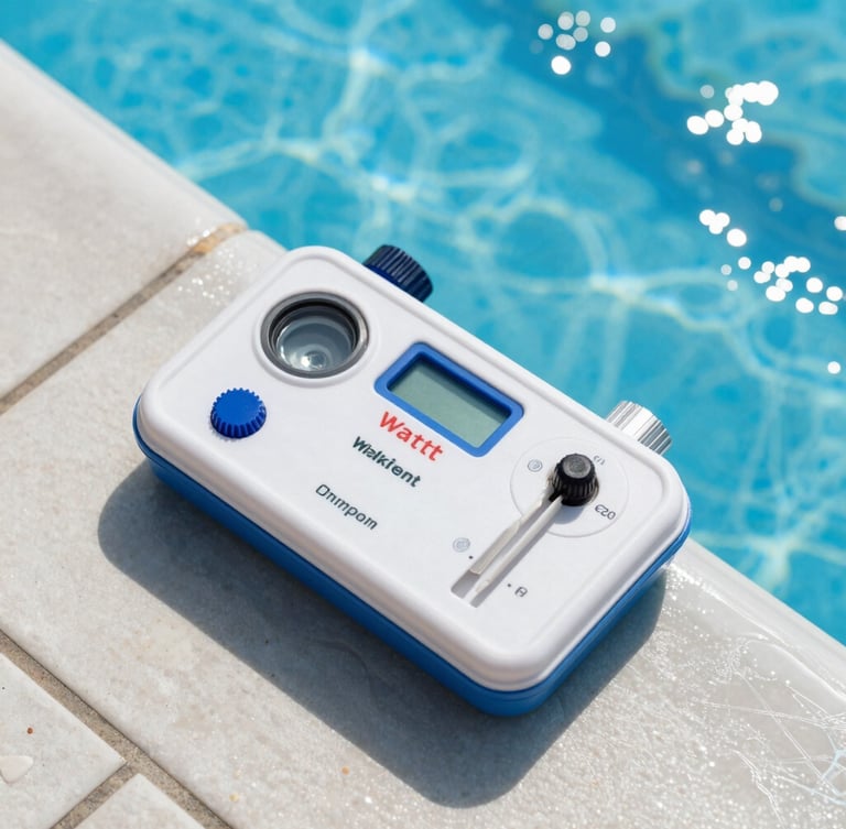 Top-down macro shot of a professional water testing kit resting on clean pool tile, vibrant blue water sparkling in the background under direct bright sunlight.