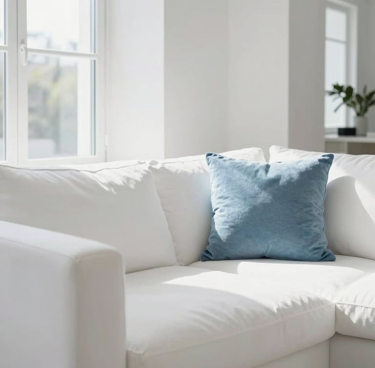 Bright sunlit modern living room with pristine white sofa, natural daylight streaming through large windows, soft blue cushions, sharp focus, 35mm