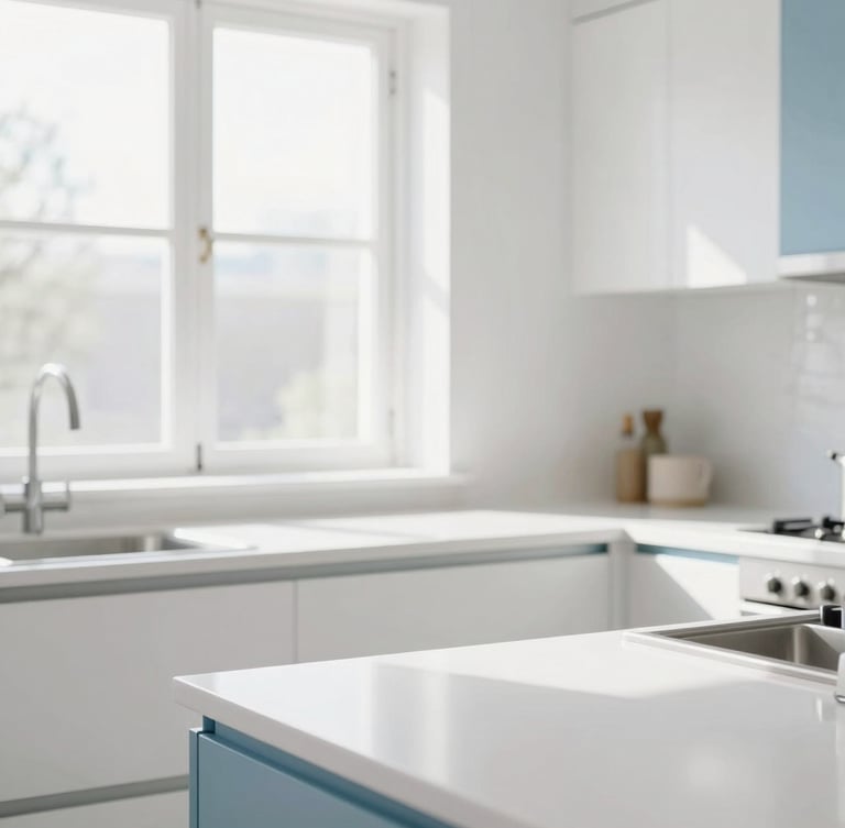 Bright high-key interior photography of a sunlit modern kitchen, crisp clean white countertops, soft blue accents, natural window daylight, sharp focus, 35mm
