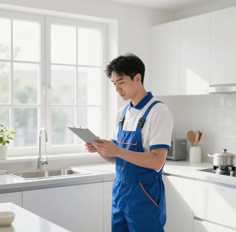 A professional local cleaning manager in a neat uniform inspecting a sunlit, immaculate residential kitchen, bright high-key interior photography, 35mm