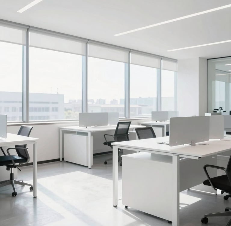 Bright modern office space with large windows, clean white desks, minimalist chairs, sunlit interior, crisp focus, 35mm
