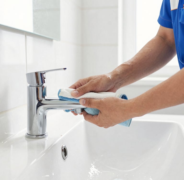 Close-up of a professional cleaner in a neat uniform polishing a chrome bathroom faucet, bright natural daylight, sparkling clean white tiles, sharp focus
