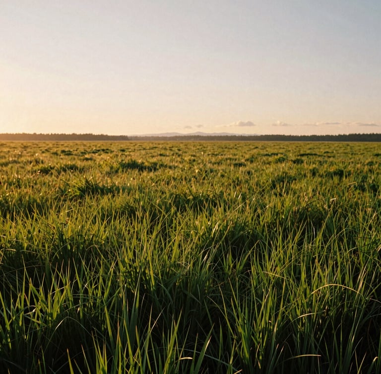 Vertical portrait of vast Pacific Northwest prairie acreage under golden-hour sunlight, deep green native grasses in the foreground, soft warm sky, 35mm photography