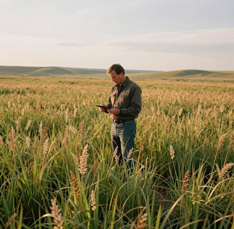 An agricultural consultant in work clothes standing in a vast Idaho field, looking over native grasses under a soft overcast sky, natural lighting