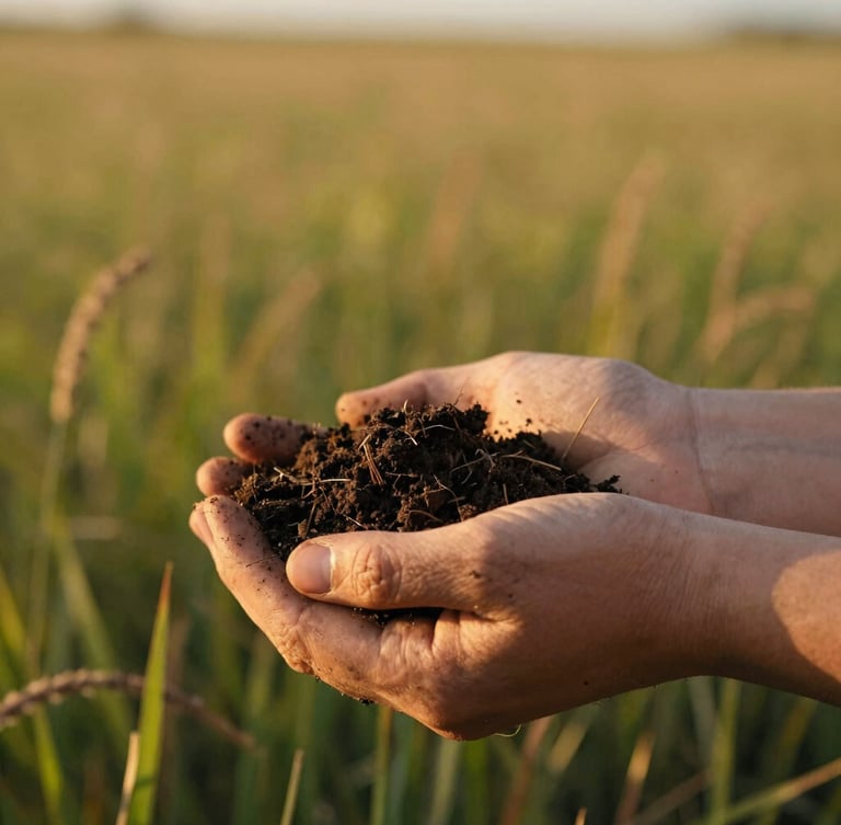 Extreme close-up of rich dark soil held in weathered hands, native prairie grasses in the soft-focus background, warm golden-hour side-lighting, editorial photography, 35mm