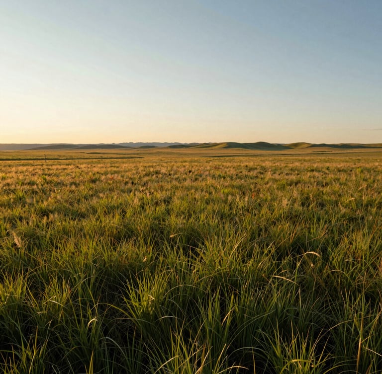 Wide-angle environmental shot of a sweeping Idaho prairie at golden hour, low horizon, native grasses catching warm side-light, 35mm photography