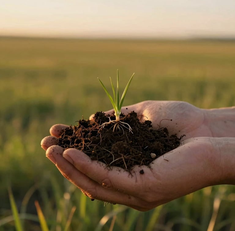 Extreme close-up macro photography of rich dark prairie soil held in hands, native Idaho grass roots visible, warm golden-hour light, 35mm