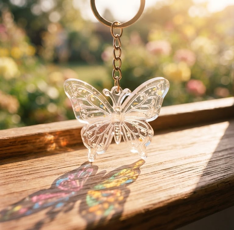 Macro close-up of a transparent acrylic butterfly keychain catching bright warm golden-hour sunlight, casting colorful shadows, soft morning daylight, 35mm
