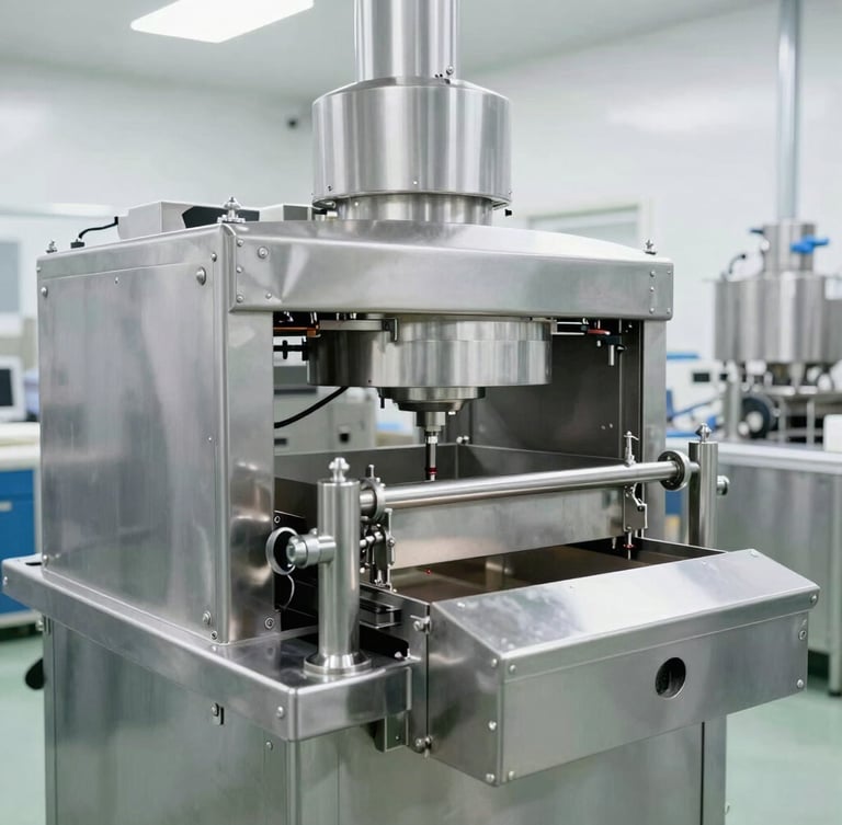 Bright industrial photography of a clean food processing facility, stainless steel machinery, high-key natural light, crisp details, 35mm