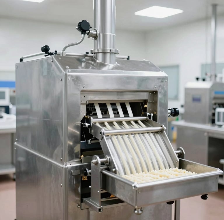 Bright industrial photography of clean food processing facility, stainless steel machinery, high-key natural light, crisp details, 35mm