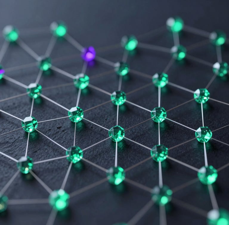 Sleek 3D render of interconnected glowing emerald nodes on a deep slate background, macro focus, technical regulatory network aesthetic.