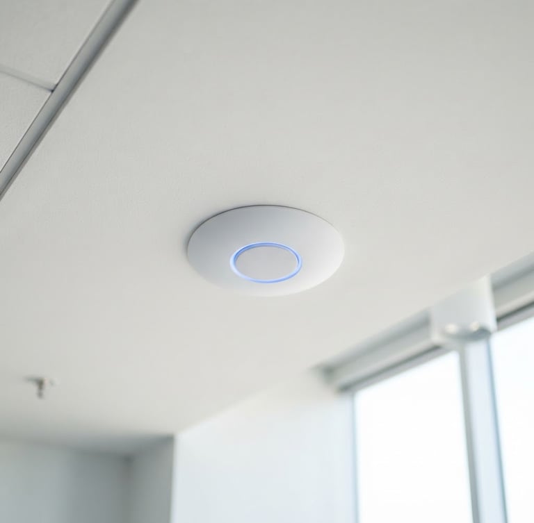 A clean ceiling-mounted UniFi access point glowing with a soft blue LED ring, installed flush on a crisp white ceiling, bright natural daylight, architectural detail.