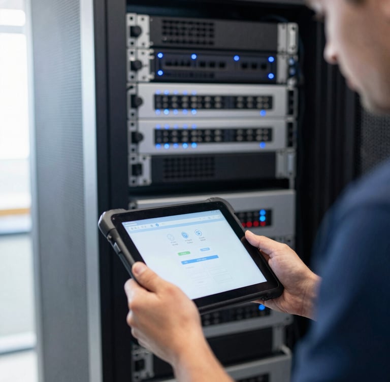 A professional network technician using a tablet diagnostic tool in front of a neatly organized server rack with blue LED indicator lights, bright natural light, shallow depth of field