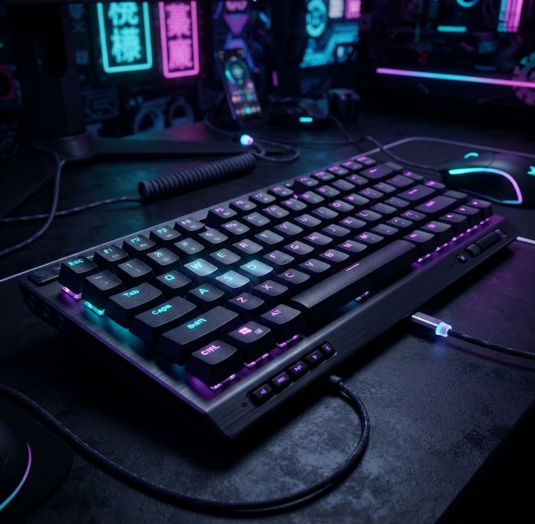 Sleek mechanical keyboard with glowing violet and cyan backlights, sharp focus on keycaps, dark cyber gaming environment, 3D digital render