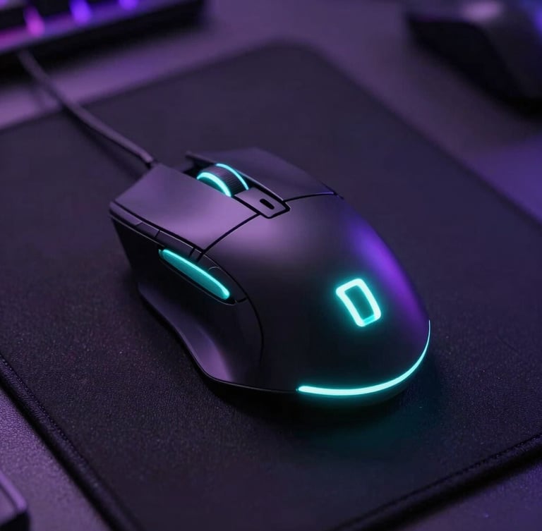 Macro shot of a high-tech gaming mouse glowing with electric cyan light on a dark obsidian pad, cyber retail atmosphere