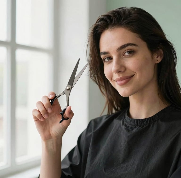 Portrait of a professional hair stylist with a warm, welcoming expression, holding shears, soft window light, clean minimalist background with subtle sage green accents.