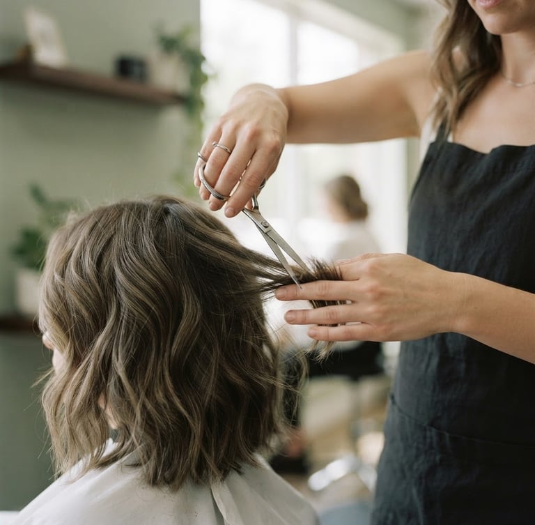A close-up of hands precisely using shears to cut soft, textured hair under diffused natural daylight, minimalist salon background, shallow depth of field.