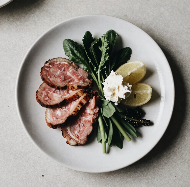 Overhead flat-lay of a Scandinavian-style plated dish with fresh local ingredients, soft north-facing daylight, rich desaturated tones, editorial culinary aesthetic.