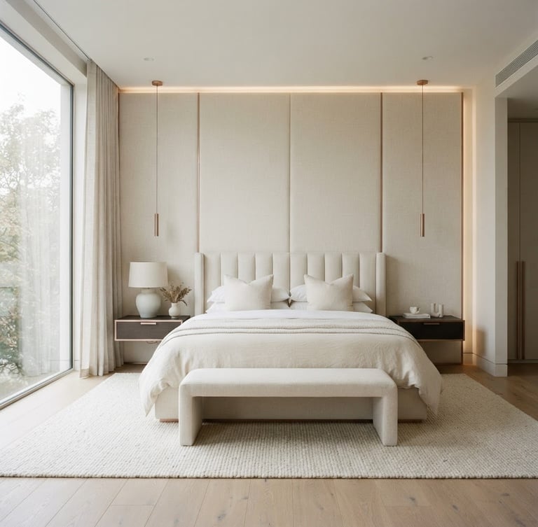 Straight-on architectural elevation of a luxurious master bedroom featuring custom floor-to-ceiling cream linen upholstered wall panels, soft natural window light, minimalist styling, 35mm