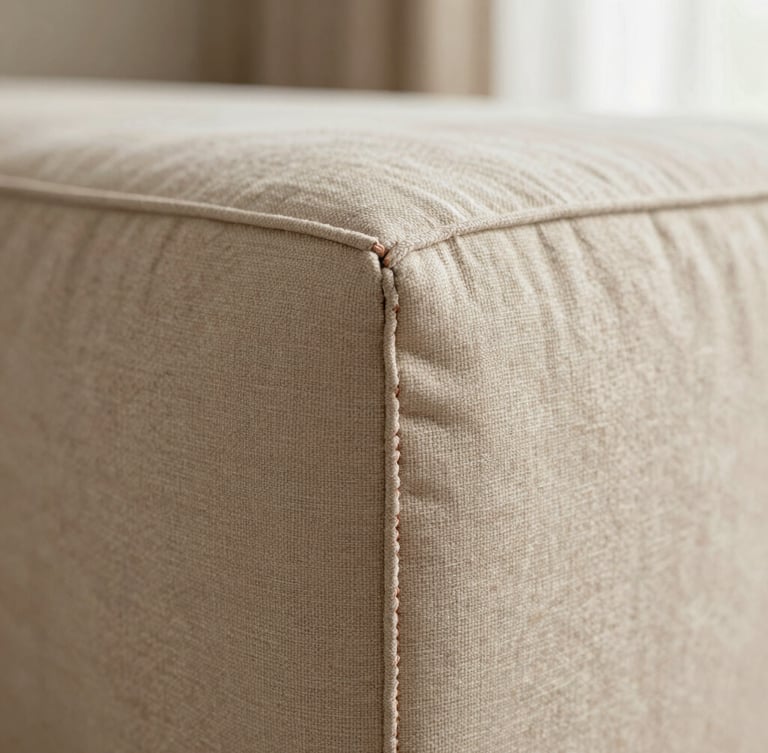 Macro detail shot of premium beige linen fabric stitching on an upholstered panel, showing immaculate straight seams and rich textile texture, soft warm side lighting, shallow depth of field