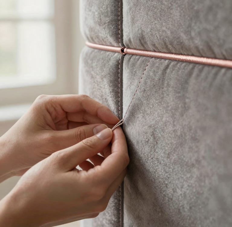 Close-up macro detail of precise stitching on a soft grey velvet upholstered panel, artisan hands gently touching the fabric edge, warm natural light, shallow depth of field