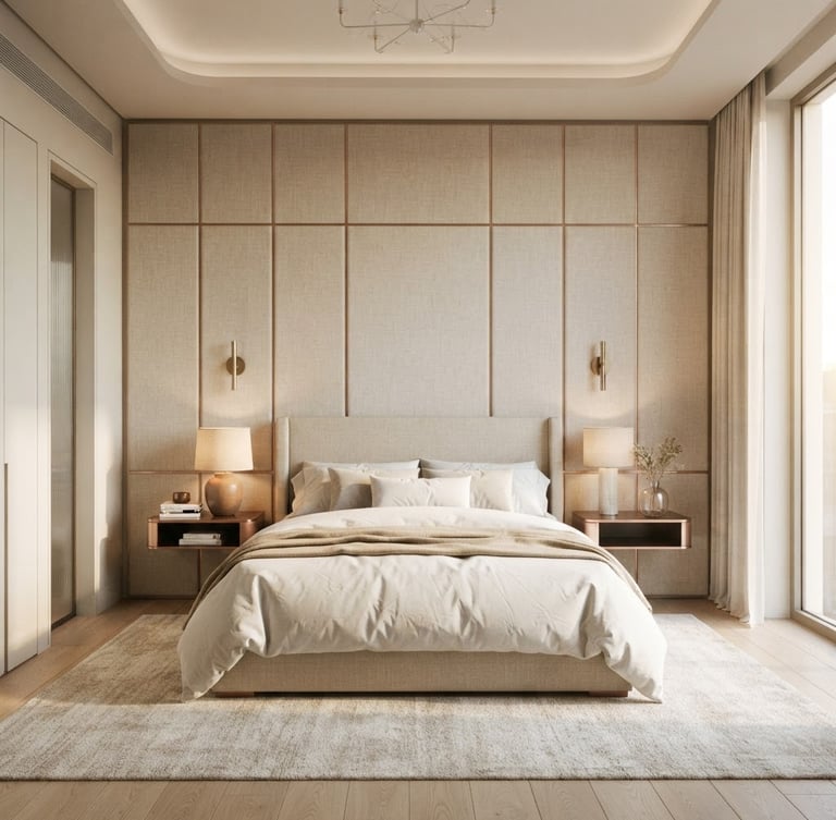 Straight-on architectural elevation of a luxurious master bedroom featuring floor-to-ceiling bespoke linen upholstered wall panels in soft sand tones, perfect alignment, warm natural window light, 35mm photography