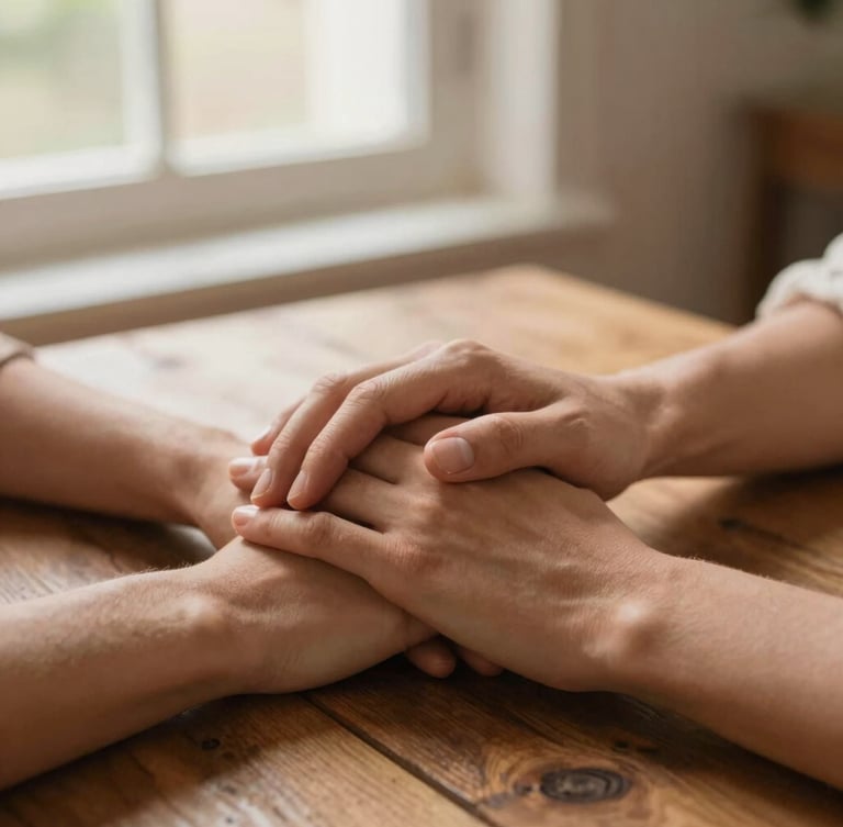 Close-up of two hands gently holding each other on a rustic wooden table, soft warm natural window light, terracotta tones, shallow depth of field, intimate