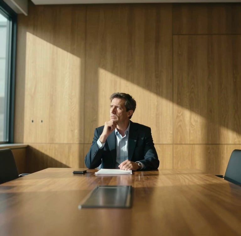 Cinematic wide environmental shot of a focused executive in deep thought inside a modern architectural boardroom, strong directional window light with deep soft shadows, warm brass tones, sharp focus, 35mm