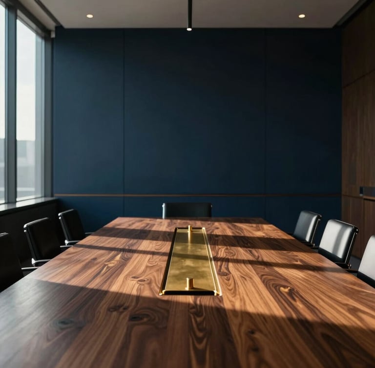 Cinematic portrait of a modern architectural boardroom, dramatic directional window light casting long shadows across a dark oak table with warm brass details, sharp focus, 35mm.