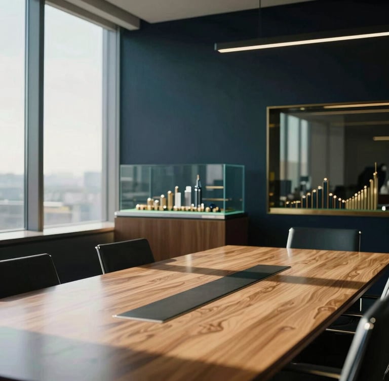 Cinematic wide shot of a modern architectural boardroom, strong directional window light casting deep shadows, a high-end financial model visible on a premium display in the background, warm editorial photography, 35mm