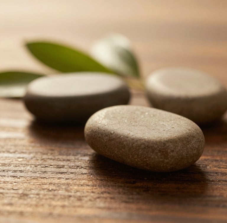 Macro shot of warm massage stones resting on a dark wood surface beside soft green leaves, diffused golden-hour lighting