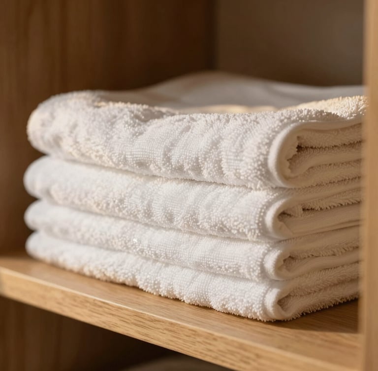 Macro shot of neatly folded clean white towels on a natural warm wood shelf, soft golden light, shallow depth of field