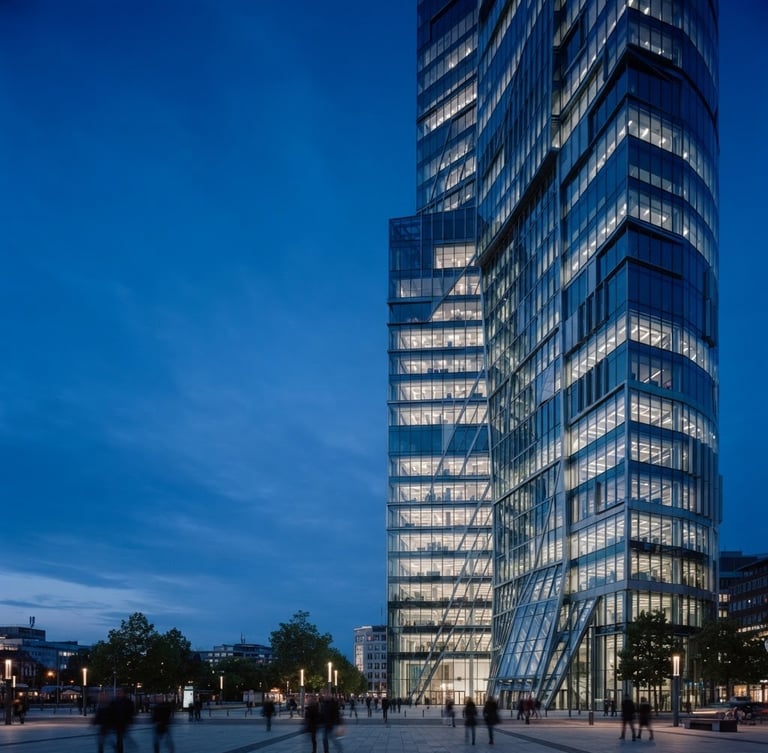 Wide-angle architectural shot of a modern commercial building facade at dusk, featuring a complex glass and steel structure, crisp cool tones, high contrast, with a subtle glow from interior lighting. The building occupies the right half of the frame, with expansive sky on the left.