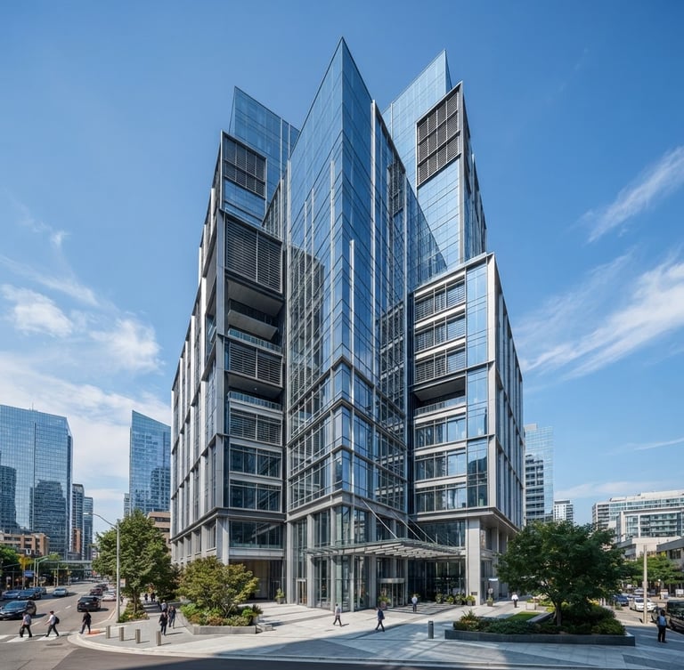 Wide-angle architectural perspective of a modern commercial building facade, crisp daylight, cool blue and steel gray tones, high-contrast commercial aesthetic, with expansive sky.