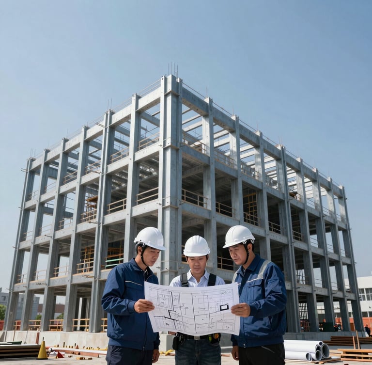 Engineers reviewing technical blueprints on a construction site, focused on structural details, crisp daylight, cool blue and gray tones, wide-angle.