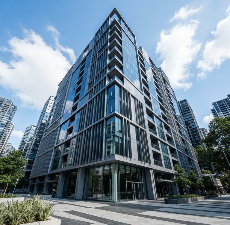 Wide-angle architectural perspective of a modern commercial building facade with crisp daylight, cool blue and steel gray tones, high-contrast, no people.