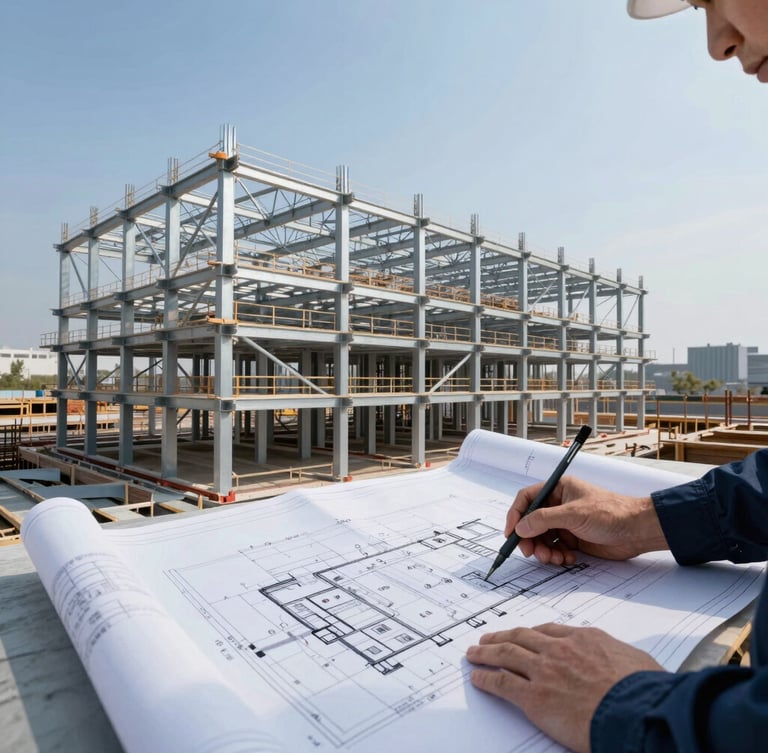 Engineer reviewing intricate structural blueprints on a construction site, focus on detailed plans and a precision tool, crisp daylight, cool blue and steel gray tones.