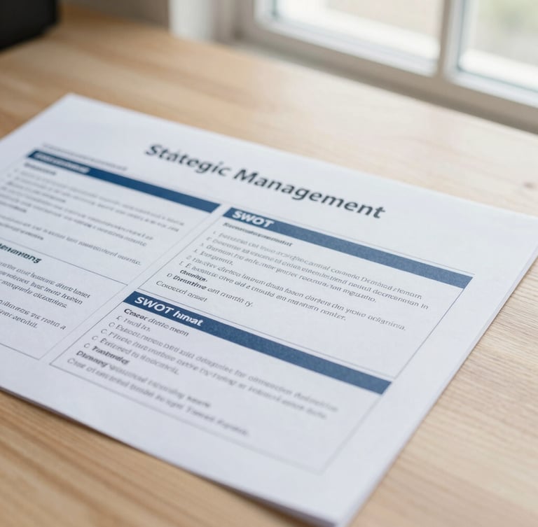 Close-up of a printed strategic management report with highlighted SWOT analysis sections, resting on a clean oak desk under soft window daylight, 35mm