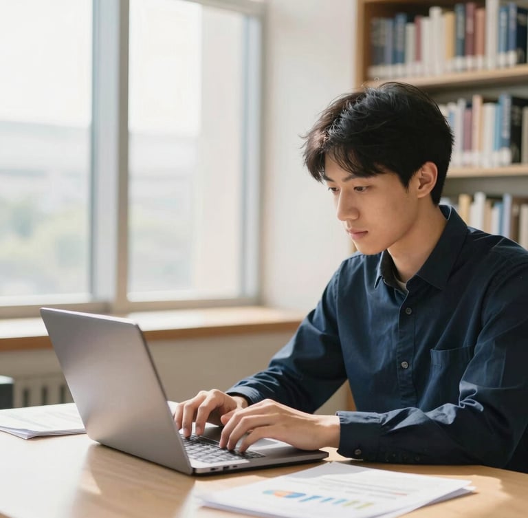 A professional student analyzing corporate finance charts on a laptop in a sunlit university library, bright natural daylight, deep navy and warm ivory tones, shallow depth of field, 35mm