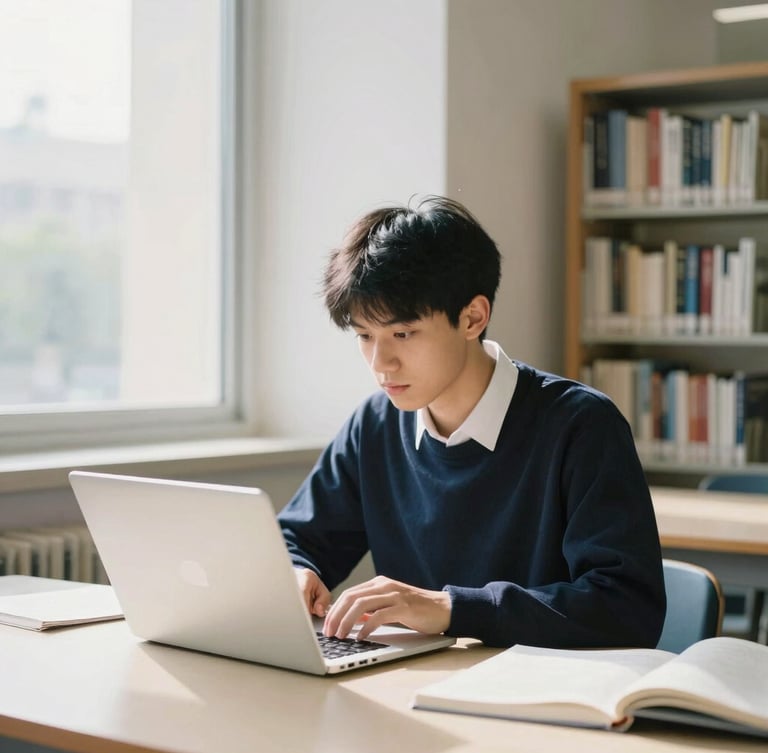 A focused university student studying with a laptop in a bright, modern university library, natural window light, soft shadows, 35mm photography