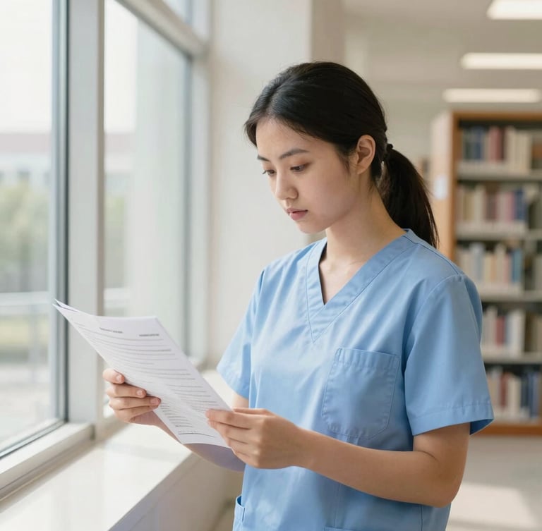A focused nursing student in light blue scrubs reviewing medical charts in a bright, modern university library, natural window light, 35mm photography.