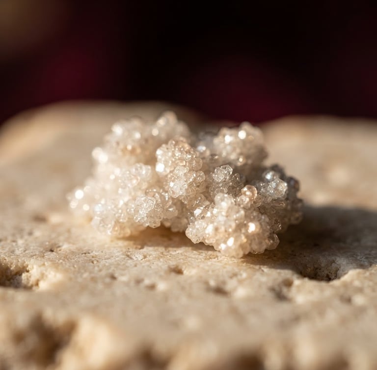 Macro shot of pure white monoatomic gold powder crystals, glowing subtly under a dramatic golden-hour window light, on a warm ivory stone surface, deep burgundy shadows in background, shallow depth of field.