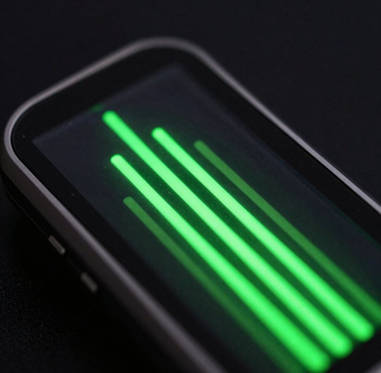 Extreme macro shot of a custom handheld device screen, vibrant electric-green OLED lines glowing in low-key dramatic studio lighting, shallow depth of field, dark glass reflections.